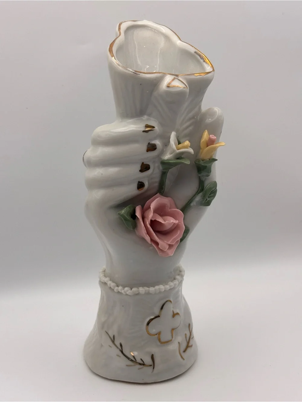 Vintage Ceramic Lady's Hand Holding Vase Figural Bud Vase, Pink Rose Decor